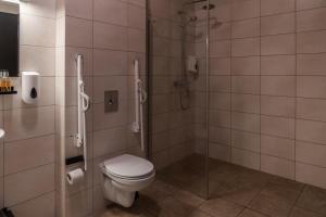 VegamótHOTEL SNAEFELLSNES formally Hotel Rjukandi的一间带卫生间和玻璃淋浴间的浴室