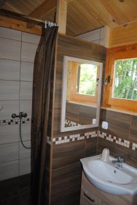 杜瑙基利蒂Villa Hedi Apartman的一间带水槽、镜子和淋浴的浴室