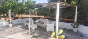 奥斯图尼Trullo Lucia的露台设有凉亭、椅子和树木