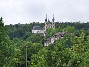 维尔茨堡Wunderschöne Loft-Stadtwohnung的一座树冠茂密的山顶上的建筑