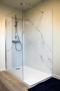 弗尔内Bibi's Boerderij的一个带玻璃门和大理石墙的淋浴