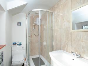 廷塔杰尔Mews Cottage的带淋浴、盥洗盆和卫生间的浴室
