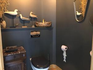 拉罗谢尔Maison M, chambre privée accès jardin piscine et jacuzzi près de La Rochelle的浴室设有卫生间,墙上设有鸟架。