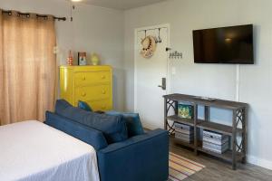 巴拿马城海滩Sunnyside Studio的客厅配有蓝色的沙发和电视