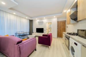 安塔利亚Char的一间带两张紫色椅子的客厅和一间厨房
