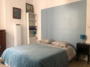 马赛Appt 2 chambres au centre ville 3è的一间卧室配有一张带蓝色毯子的床