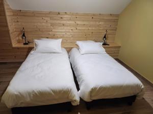 CharchillaChambres Jura Sud的两张睡床彼此相邻,位于一个房间里