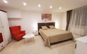 杜塞尔多夫3 Zimmer Wohnung - Keine Party Wohnung !!!的一间卧室配有一张床和一张红色椅子