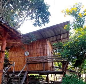 拜县Red orchid pai Thailand的前面设有长凳的木屋