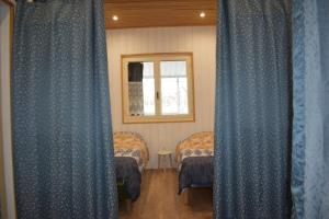 Rigny-UsséGîtes du Franc Rosier的客房设有两张床、窗户和蓝色窗帘。