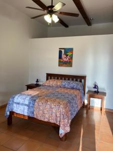 科潘玛雅遗址La Casa de Cafe Bed and Breakfast的一间卧室配有一张床和吊扇