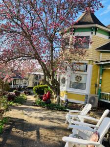 尤里卡斯普林斯全季住宿加早餐旅馆的房子前有粉红色花的树