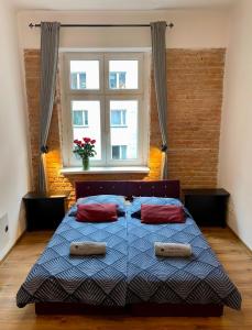克拉科夫Topolove Rooms & Apartments的一间卧室配有带两个枕头的床和窗户