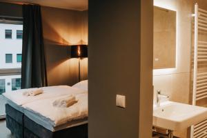 兰茨胡特LA vie Hotel Landshut的酒店客房设有床和水槽