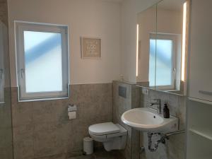 希尔沙伊德3 Zimmer Ferienwohnung Hanna的一间带水槽、卫生间和镜子的浴室