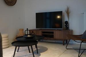 安特卫普Luxurious Appartment on Eilandje的客厅配有电视和桌椅