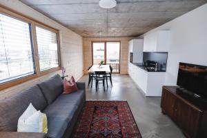 卢斯特瑙BOUTIQUE APARTMENTS LUSTENAU Nachhaltige Kühlung über Erdsonde und Fussbodenkühlung的客厅配有沙发和桌子