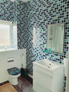 西瑟罗克Spacious and Tastefully Decorated Town House In Lakeside West Thurrock Grays的一间带水槽、卫生间和镜子的浴室