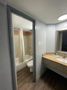 孟菲斯KINGS INN- Medical Downtown Midtown Memphis的一间带卫生间、水槽和镜子的浴室