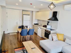伊斯坦布尔Otto Residences City Center 216的厨房以及带沙发和桌子的客厅。