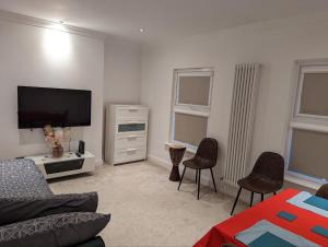 伦敦Fully-equipped flat in the city of London.的带沙发和平面电视的客厅