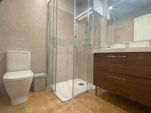 圣洛伦索-德莫鲁尼斯Allotjament Cal Bru的带淋浴、卫生间和盥洗盆的浴室