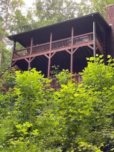 索蒂纳科奇Alpenhaus Cabins Real Log Home in Helen Ga Mountains with hot tub and balconies的木舱,在树上设有甲板
