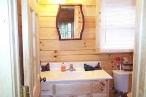索蒂纳科奇Alpenhaus Cabins Real Log Home in Helen Ga Mountains with hot tub and balconies的一间带水槽和镜子的浴室