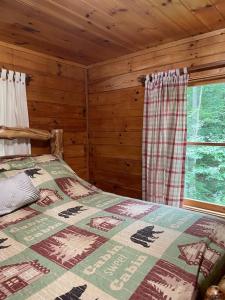 索蒂纳科奇Alpenhaus Cabins Real Log Home in Helen Ga Mountains with hot tub and balconies的小木屋内一间卧室,配有一张床