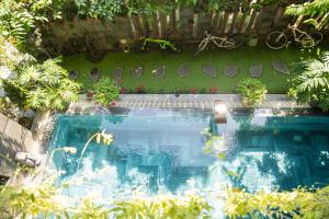 岘港Royal 98 Hotel & Apartment的享有种植了植物的游泳池的顶部景致