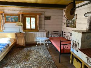 代斯纳Roubenka u potoka Jizerské hory的卧室配有一张床和一张桌子