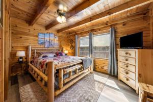 赛维尔维尔Serenity, A Rustic Log Cabin Retreat的小木屋卧室配有床和平板电视