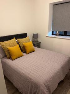韦斯特波特2 Bed Gated Apartment Westport的一间卧室配有一张带黄色枕头的床和一扇窗户