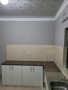 恩潘盖尼Mavundla lifestyle lodge的厨房配有白色橱柜和水槽