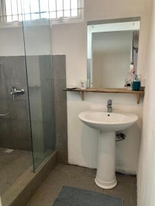 马勒勒角Chez Jess的浴室配有盥洗盆和带镜子的淋浴