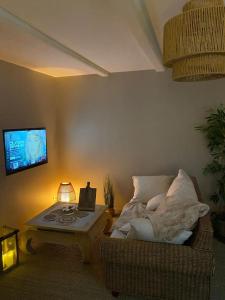 米尔库尔BEAUTIFUL LIFE BED and SPA的客厅配有沙发和带电视的桌子