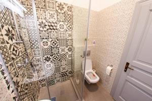 克卢日-纳波卡Central Luxury 1的一间带卫生间和玻璃淋浴间的浴室