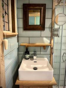 弗罗姆The Walnut Wagon in the heart of Mells.的浴室设有白色水槽和镜子