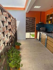 OuoranStudio neuf independant dans villa的厨房设有砖墙和一些植物