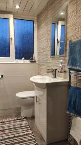 印威基辛Chilowen - Happy House的浴室配有水槽、卫生间和蓝色毛巾。