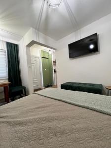 萨拉热窝Guest House Time Out的一间卧室配有一张床和一台平面电视