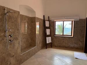 桑给巴尔David Livingstone's Home的带淋浴的浴室和玻璃门