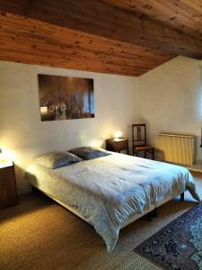 蒙塞居尔la maison sous le château的一间卧室设有一张床和木制天花板