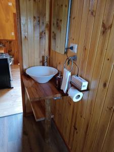 科查莫Cumbres del poicas的浴室设有木墙,桌子上设有水槽