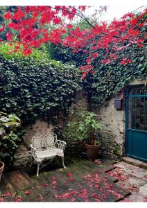 翁弗勒尔La Venelle Saint Jean的白色长凳,坐在墙上,花红