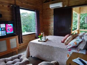 大普拉亚Tiny House Canjerana- Morro do Eurico - Praia Grande-SC的小屋内一间卧室配有一张床和电视