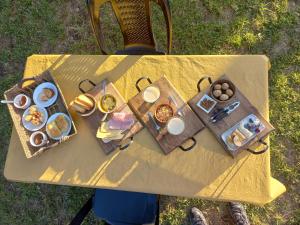 图努扬Base Manzano的一张野餐桌,上面放着食物盘