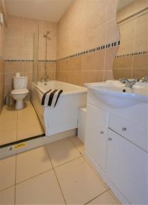 WroxallDubarry Downs Apartment with Hot Tub at Clevelands的一间带水槽、浴缸和卫生间的浴室