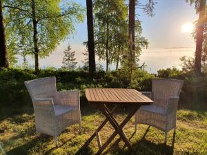 萨翁林纳龙马莫科拉别墅的两张椅子和一张野餐桌,享有水景