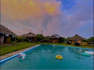 蒙塔尼塔Kamala Surf & Backpacker Hostel的水中三个飞盘的游泳池